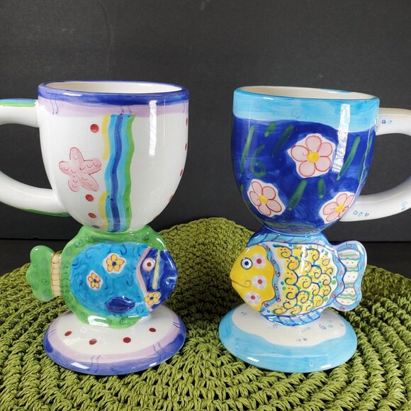 Tropical Fish Hand Painted Tall Tumbler Mug Set | Bella Casa by Ganz Coastal - Picture 9 of 9